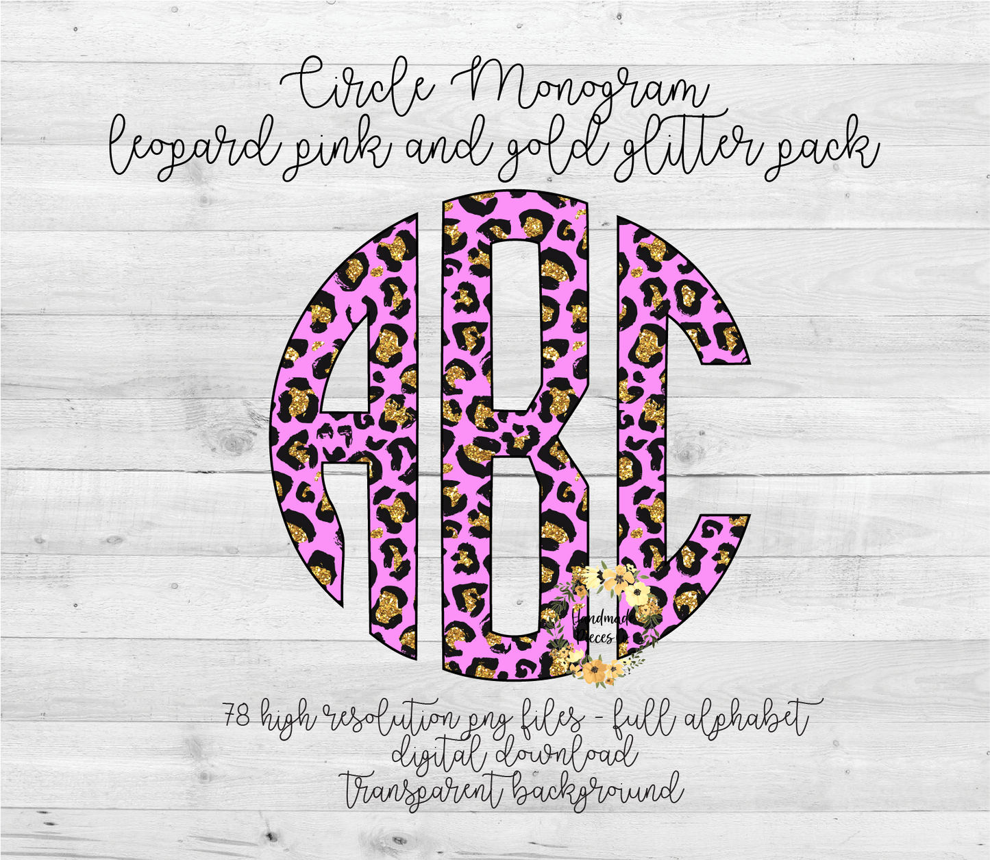 Leopard, Pink and Gold Glitter Monogram - Multiple Styles - Digital Download