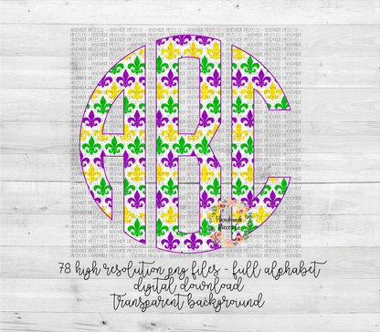 Mardi Gras Fleur De Lis Monogram, White Background - Multiple Styles - Digital Download