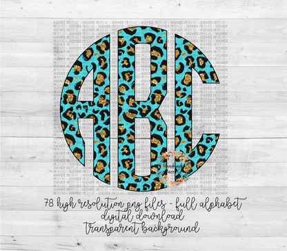 Leopard, Turquoise and Gold Glitter Monogram - Multiple Styles - Digital Download