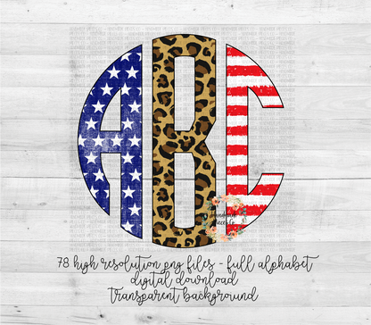 Patriotic Monogram, Stars Stripes & Leopard Trio - Multiple Styles - Digital Download