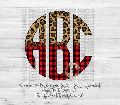 Leopard and Red Buffalo Plaid Split Monogram 1 - Multiple Styles - Digital Download