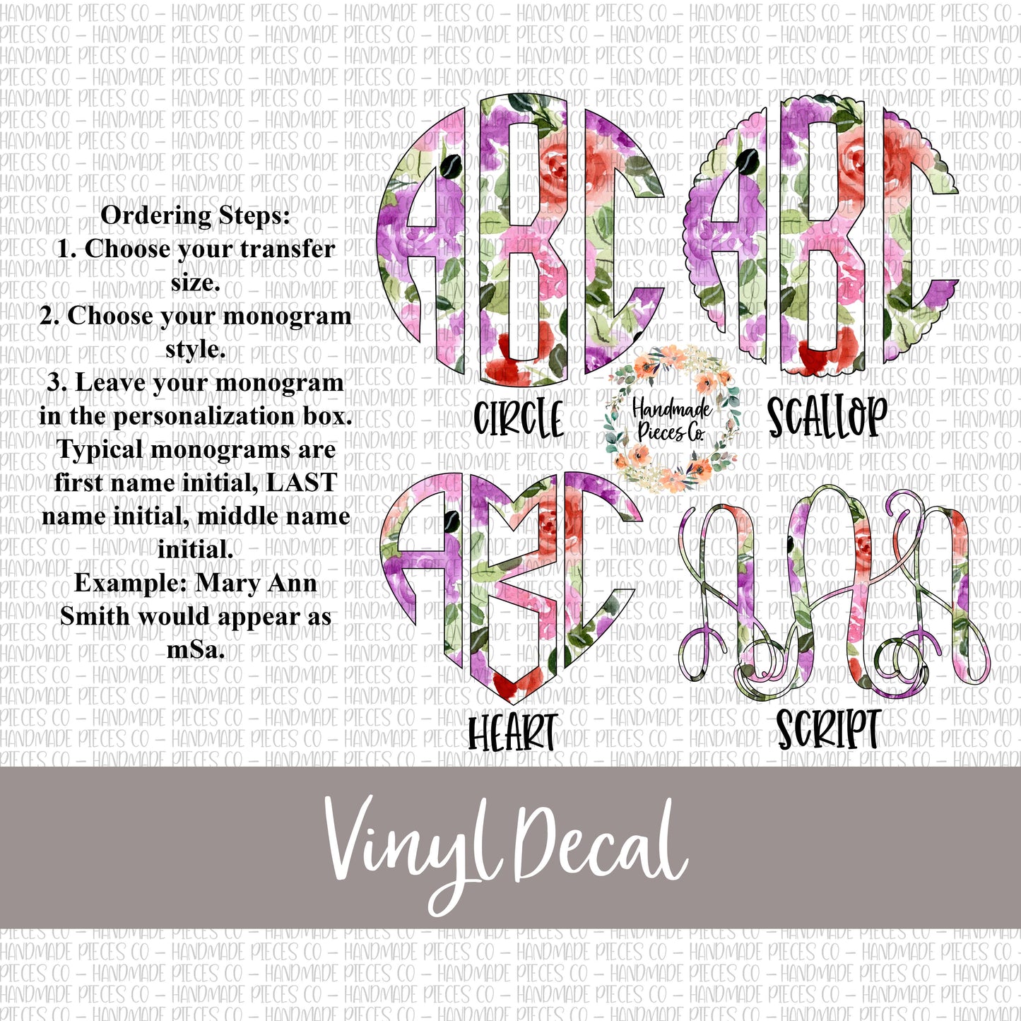 Floral Monogram Vinyl Decal, Floral Watercolor 3