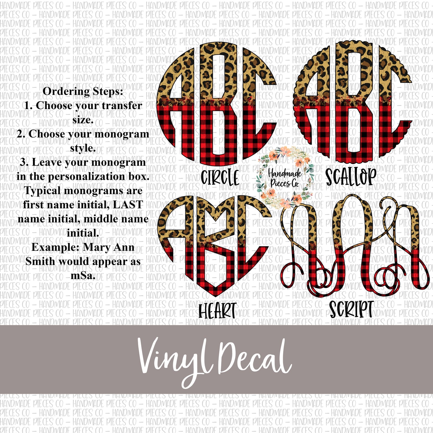 Leopard Monogram Vinyl Decal, Leopard and Red Buffalo Plaid Split 1