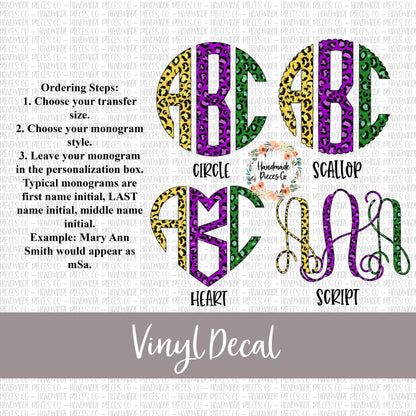 Leopard Monogram Vinyl Decal, Mardi Gras Trio