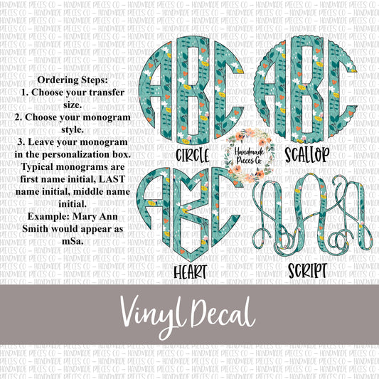 Floral Monogram Vinyl Decal, Floral 5 Aqua