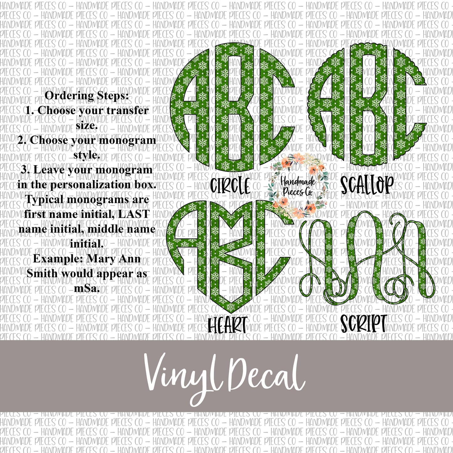 Christmas Monogram Vinyl Decal, Green Snowflakes