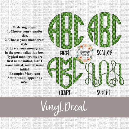 Christmas Monogram Vinyl Decal, Green Snowflakes