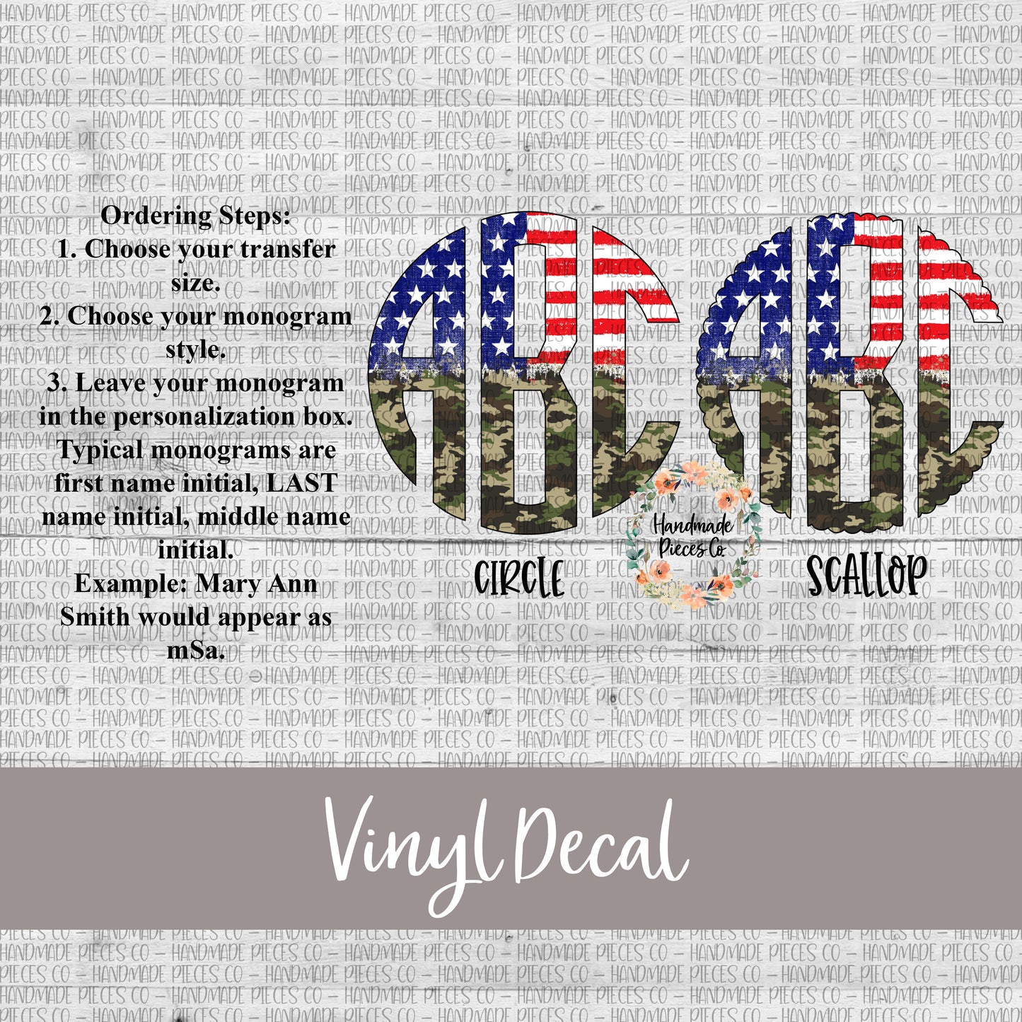 Patriotic Monogram Vinyl Decal, Stars and Stripes Distressed Camo Split