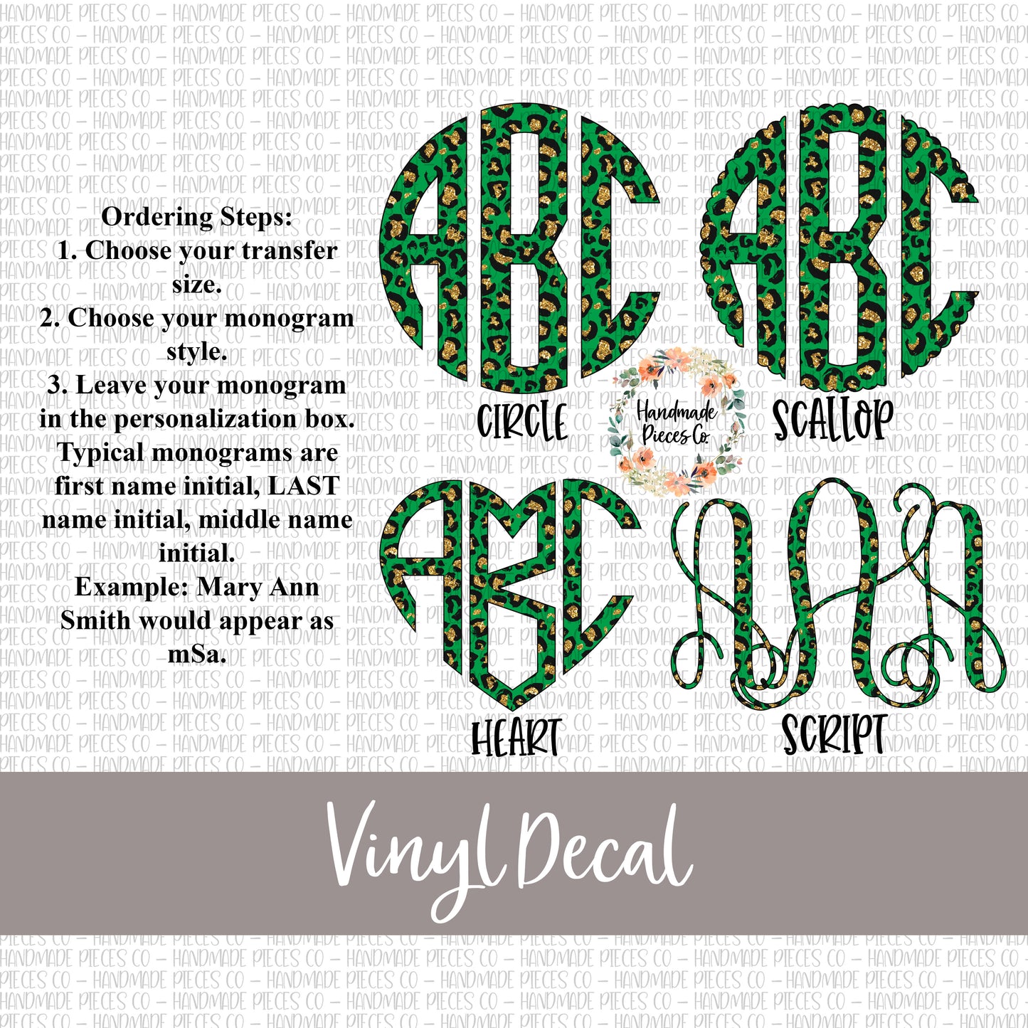 Leopard Monogram Vinyl Decal, Green and Gold Glitter