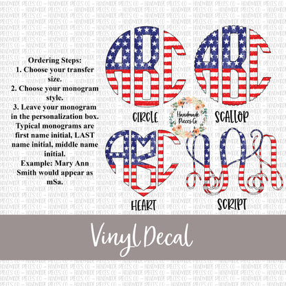 Patriotic Monogram Vinyl Decal, Stars and Stripes Distressed Flag