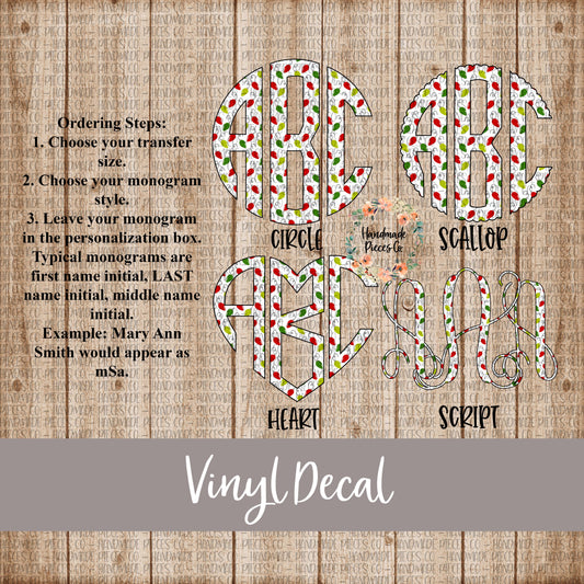 Christmas Monogram Vinyl Decal, Christmas Lights