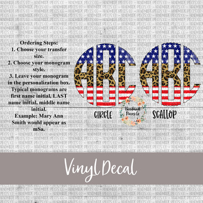 Patriotic Monogram, Stars Stripes & Leopard Split -  Monogram Vinyl Decal