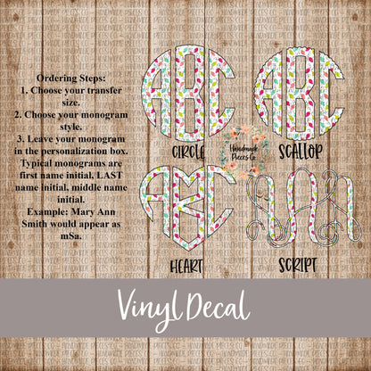 Christmas Monogram Vinyl Decal, Christmas Lights Pastel