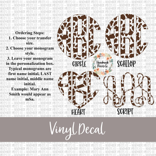 Cow Monogram Vinyl Decal, Brown