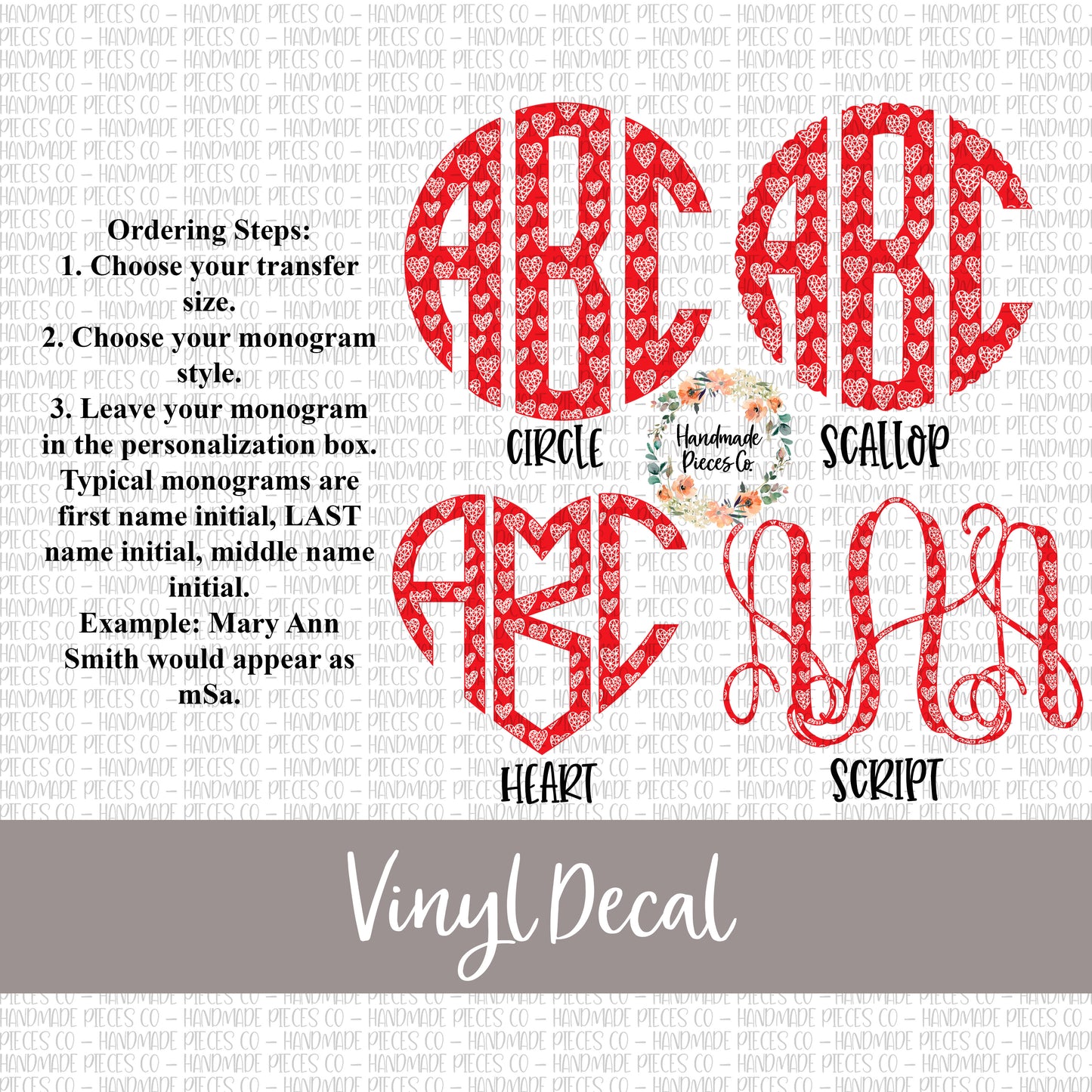 Valentine's Day Monogram Vinyl Decal, 3D Hearts Red