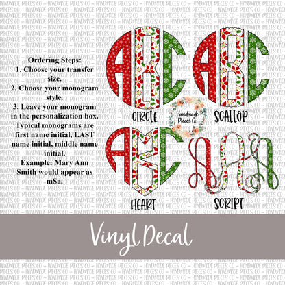 Christmas Monogram Vinyl Decal, Christmas Trees