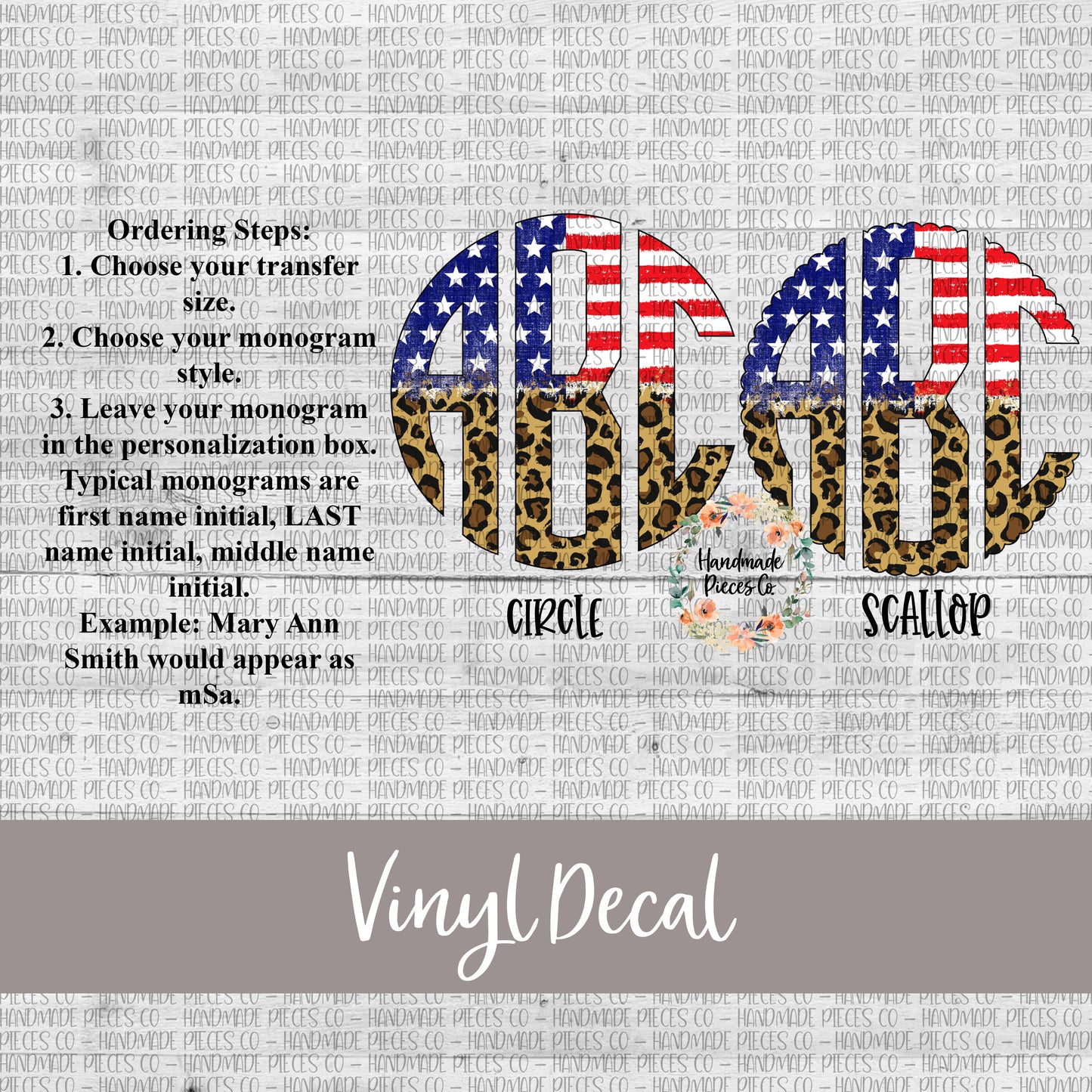 Patriotic Monogram Vinyl Decal, Stars and Stripes Distressed Leopard Split