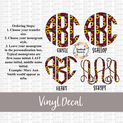 Sunflower Monogram Vinyl Decal, Burgundy