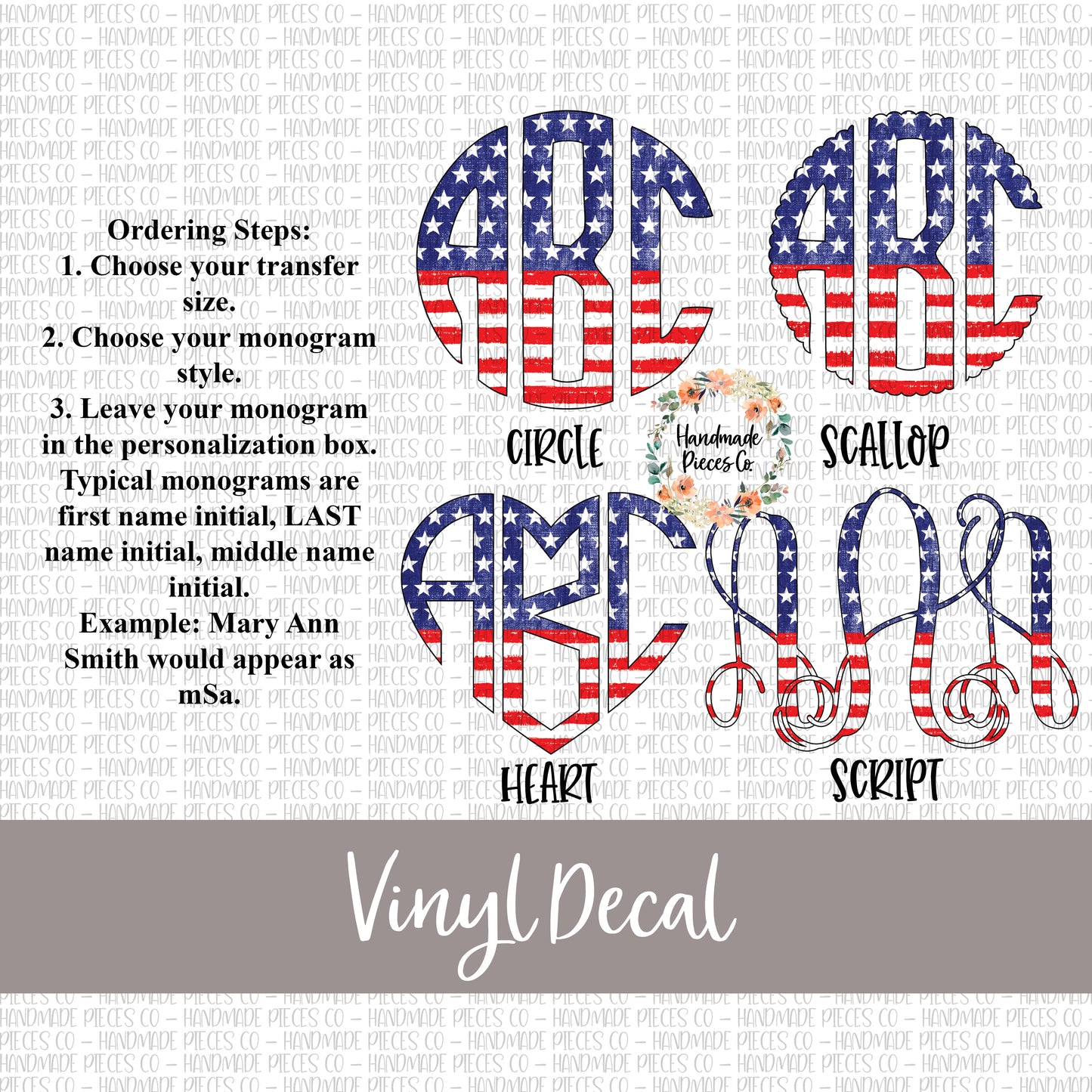 Patriotic Monogram Vinyl Decal, Stars and Stripes Distressed Half