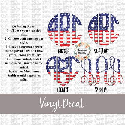 Patriotic Monogram Vinyl Decal, Stars and Stripes Distressed Half