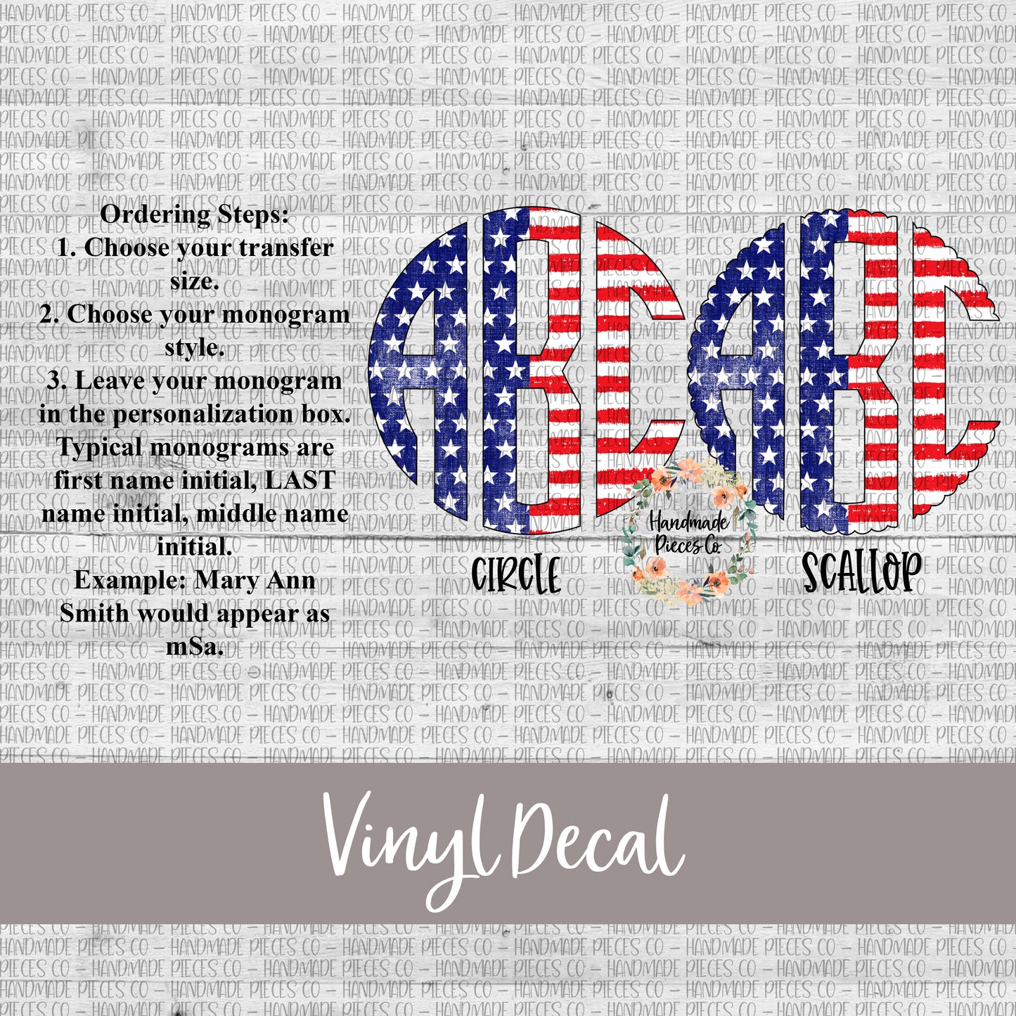 Patriotic Monogram Vinyl Decal, Stars and Stripes Distressed Vertical