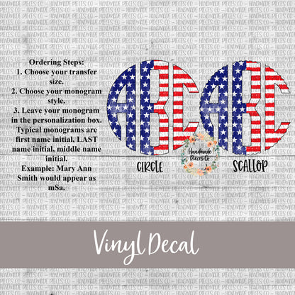 Patriotic Monogram Vinyl Decal, Stars and Stripes Distressed Vertical