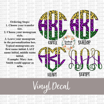 Leopard Monogram Vinyl Decal, Mardi Gras Split