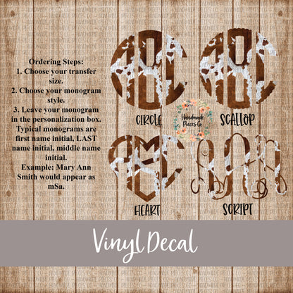 Cow Monogram Vinyl Decal, Brown Cow Hide