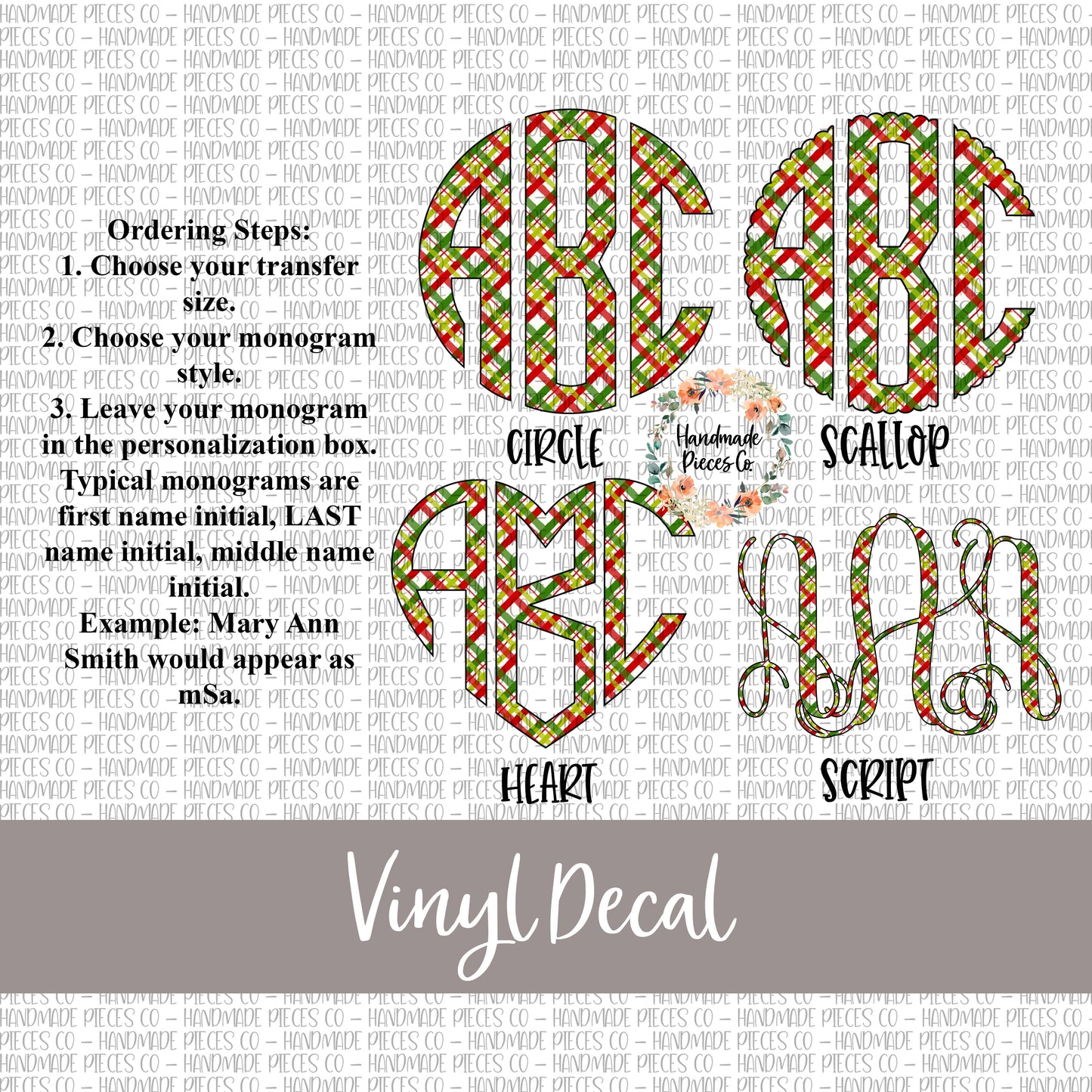 Christmas Monogram Vinyl Decal, Plaid