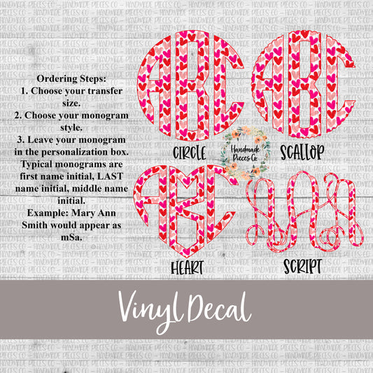 Valentine's Day Monogram Vinyl Decal, Hearts