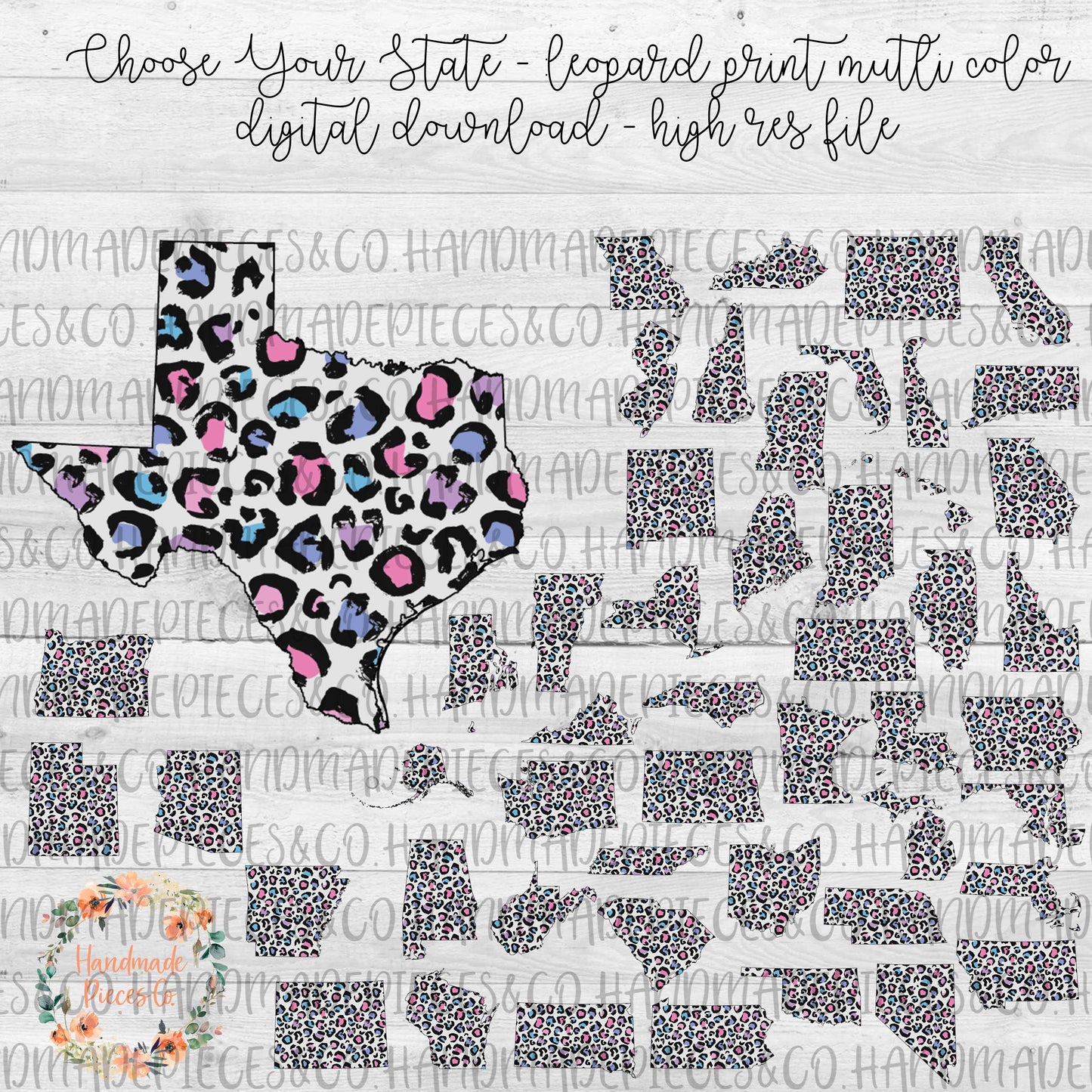 State Outline, Leopard Spring Pastel -  Multiple States - Digital Download