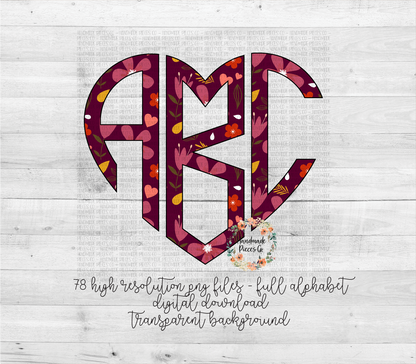 Floral Monogram, Floral 3 Berry - Multiple Styles - Digital Download