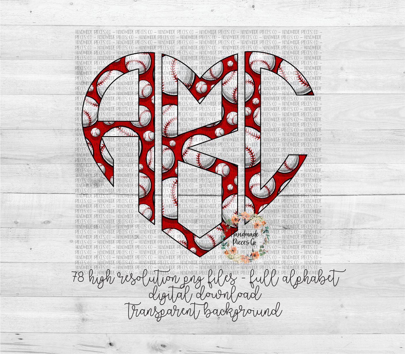 Baseball Monogram, Red Background - Multiple Styles - Digital Download