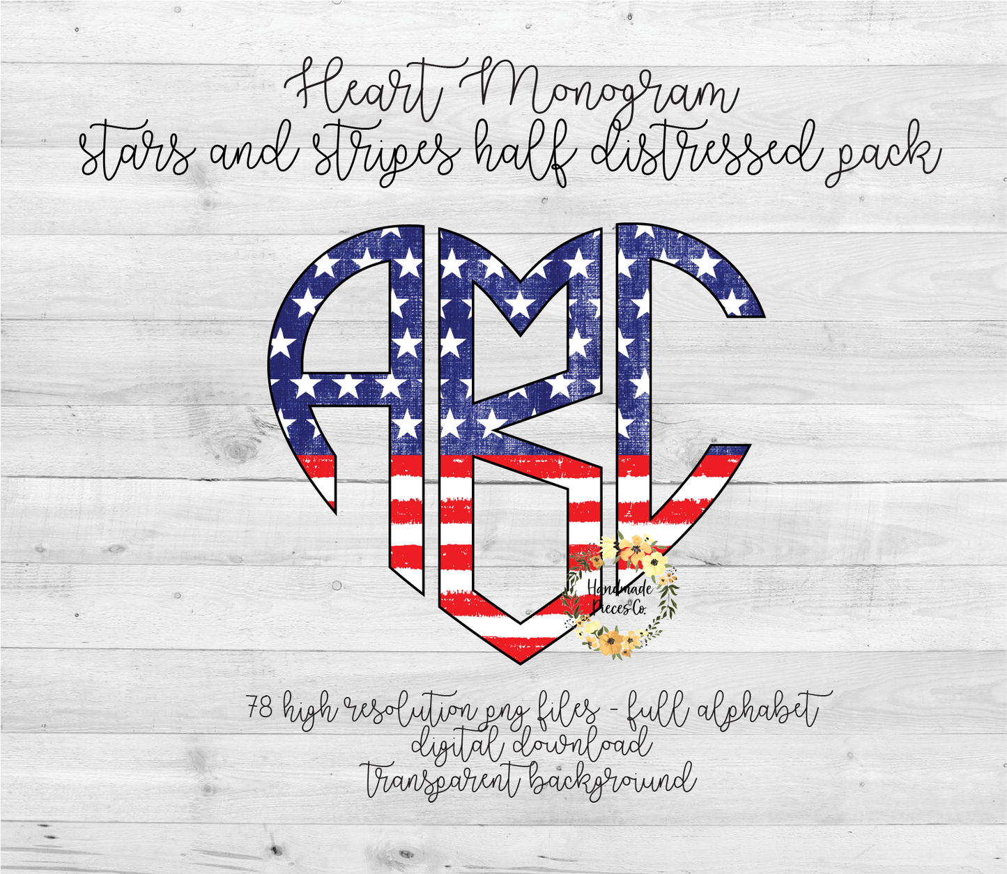 Stars and Stripes, Distressed Half Monogram - Multiple Styles - Digital Download