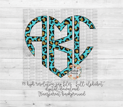 Leopard, Turquoise and Gold Glitter Monogram - Multiple Styles - Digital Download