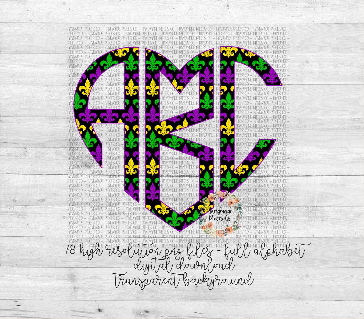 Mardi Gras Fleur De Lis Monogram, Black Background - Multiple Styles - Digital Download