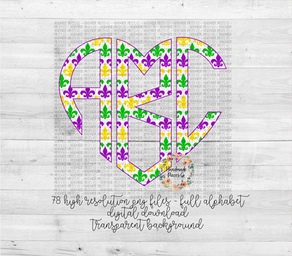 Mardi Gras Fleur De Lis Monogram, White Background - Multiple Styles - Digital Download