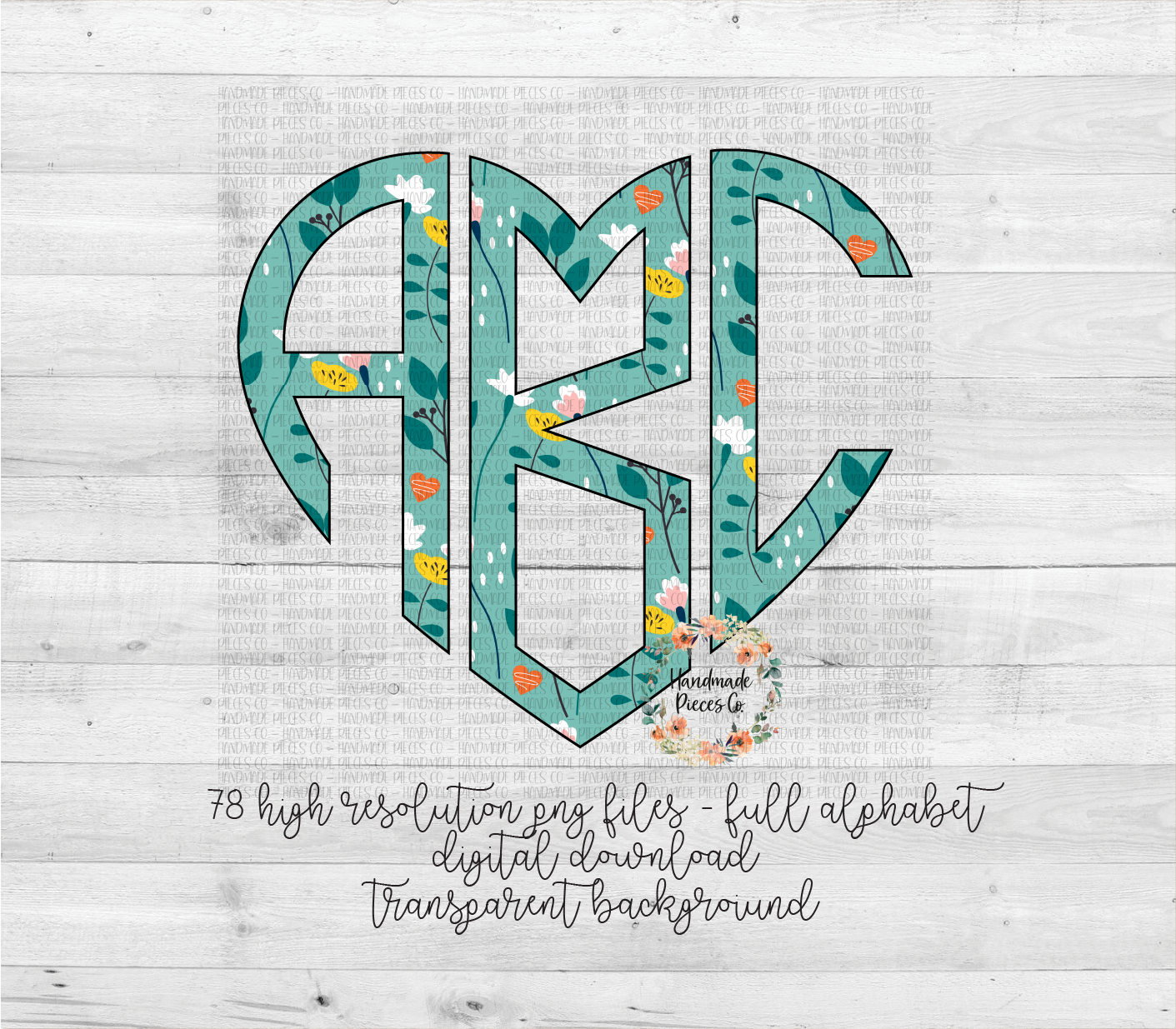 Floral Monogram, Floral 5 Aqua - Multiple Styles - Digital Download