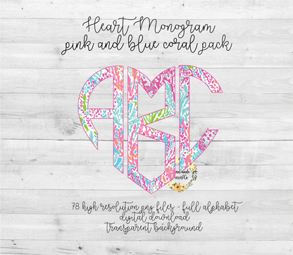 Pink and Blue Coral Monogram - Multiple Styles - Digital Download