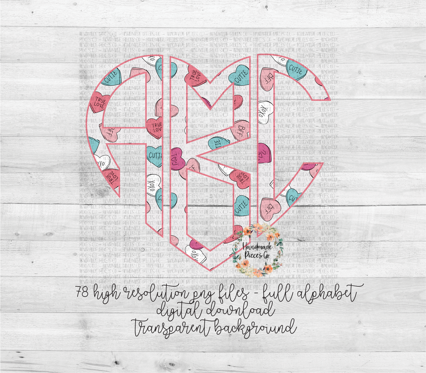 Valentine's Themed Conversation Hearts, Sketch Monogram - Multiple Styles - Digital Download