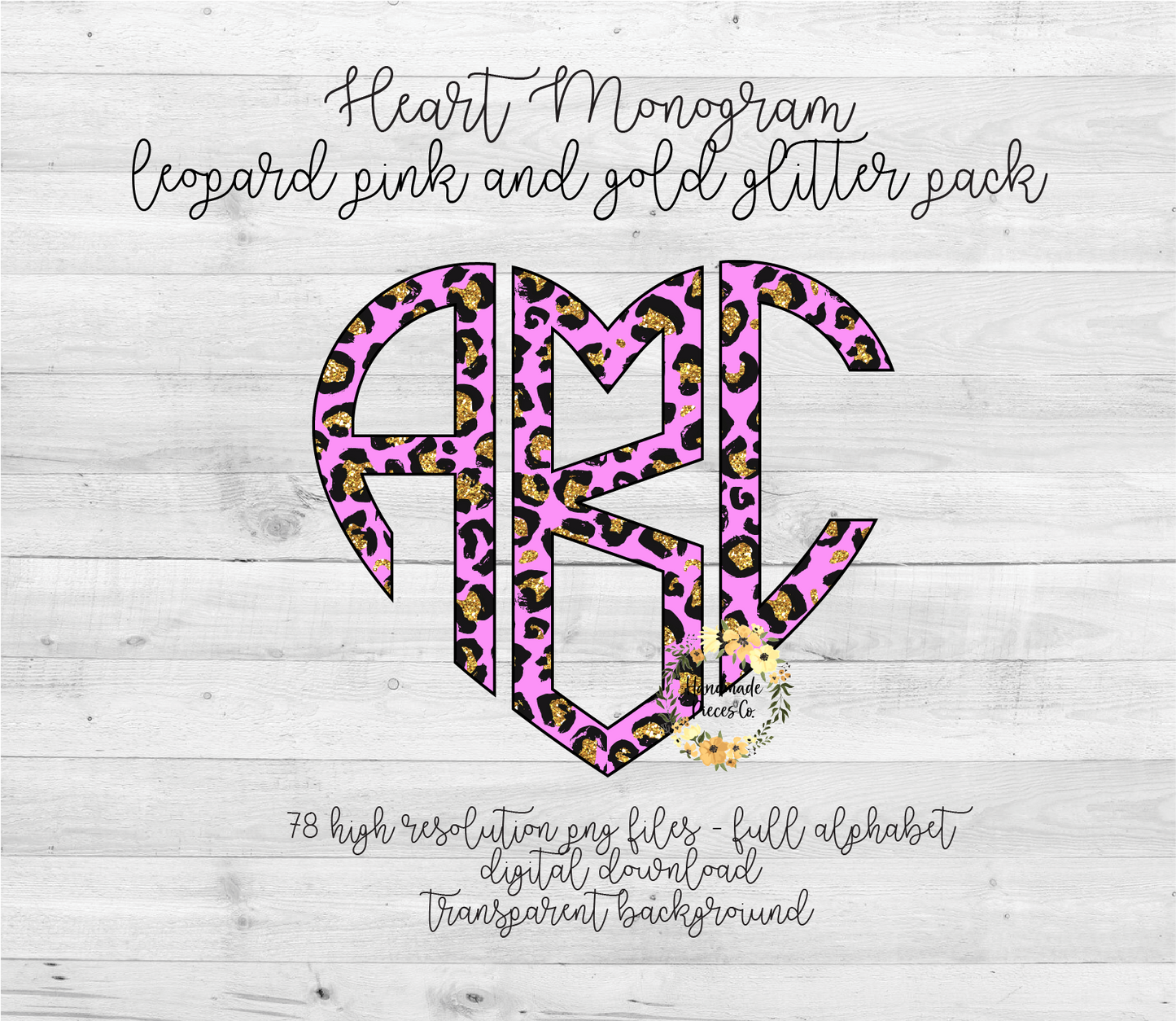 Leopard, Pink and Gold Glitter Monogram - Multiple Styles - Digital Download