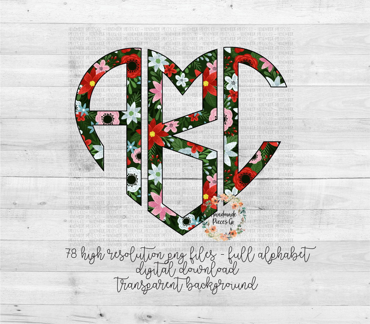 Merry and Bright Floral Monogram, Dark Floral - Multiple Styles - Digital Download