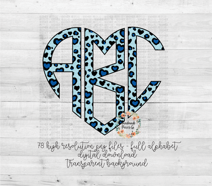 Leopard Hearts Monogram, Blue - Multiple Styles - Digital Download