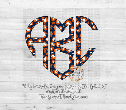 Leopard Monogram, Navy and Orange - Multiple Styles - Digital Download