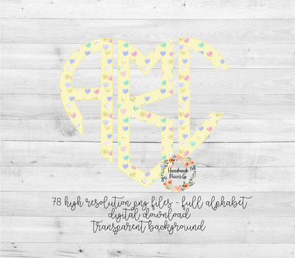 Conversation Hearts Monogram, Yellow - Multiple Styles - Digital Download