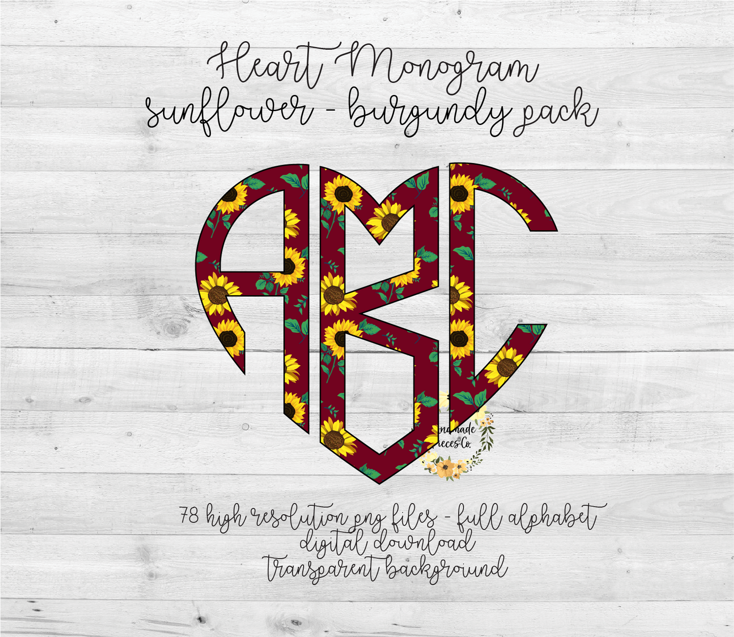 Sunflower, Burgundy Monogram - Multiple Styles - Digital Download