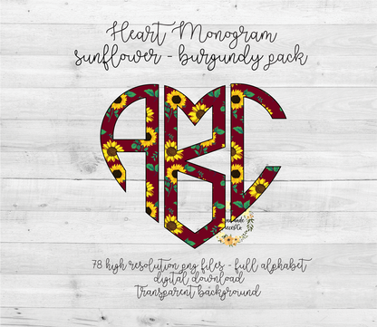 Sunflower, Burgundy Monogram - Multiple Styles - Digital Download