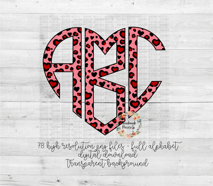 Leopard Hearts Monogram, Red/Pink - Multiple Styles - Digital Download