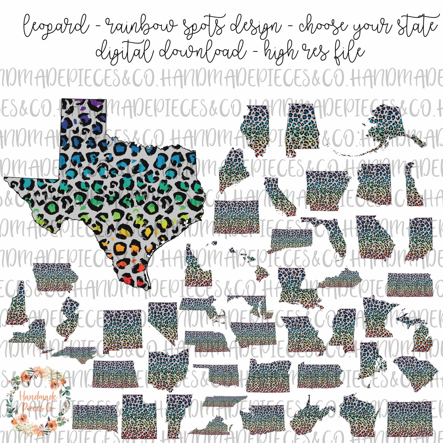 State Outline, Leopard Rainbow Spots -  Multiple States - Digital Download