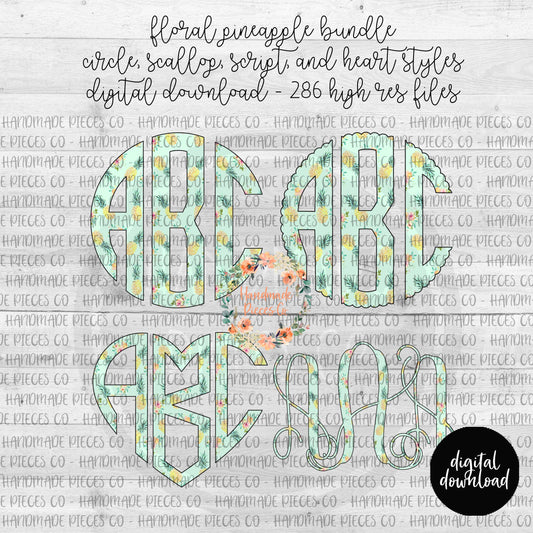 Pineapple, Floral Monogram - Multiple Styles - Digital Download